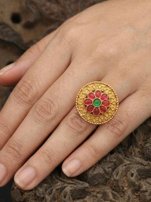 Traditional antique gold floral adjustable ring for women 3