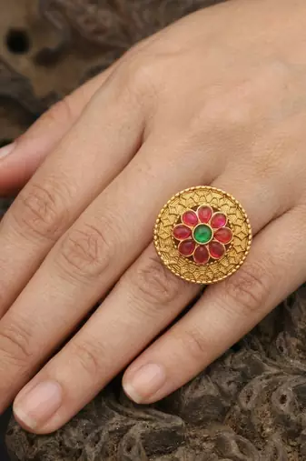 Traditional antique gold floral adjustable ring for women