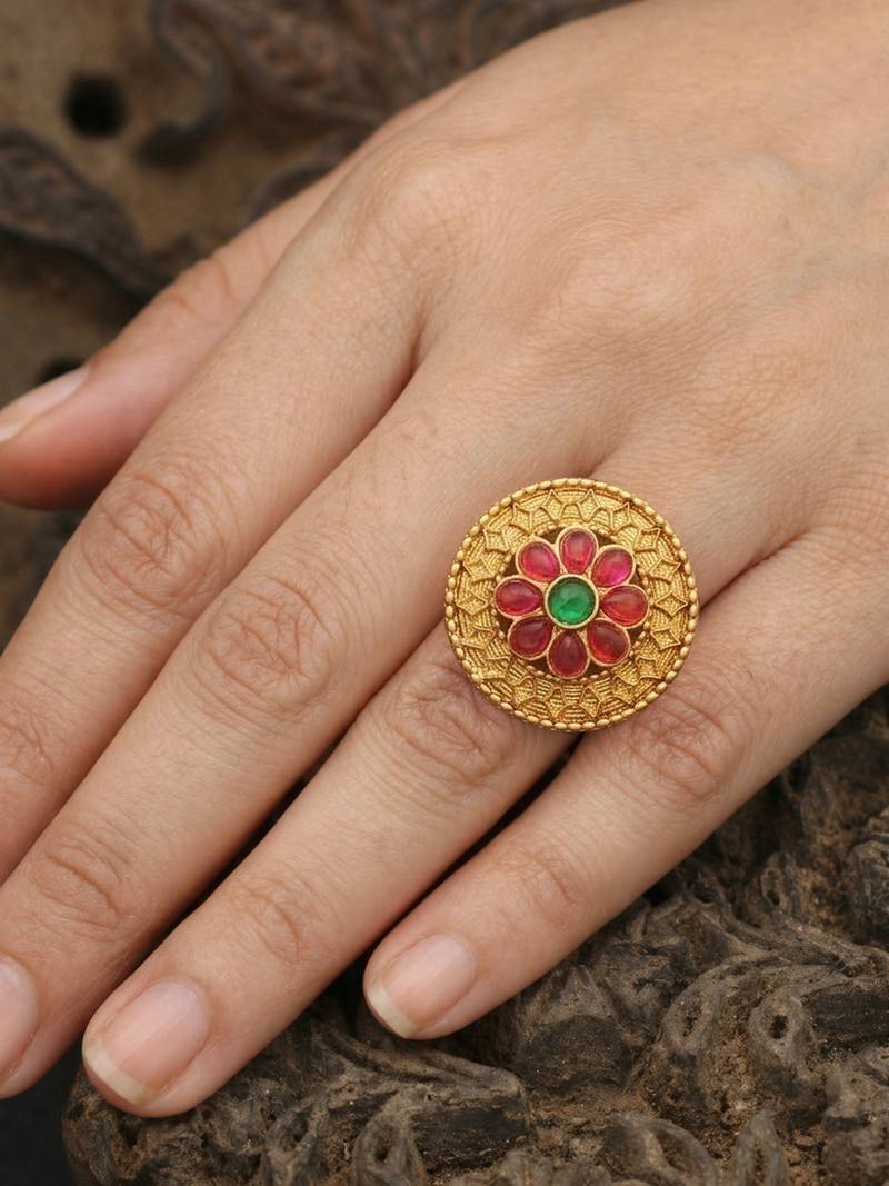 Traditional antique gold floral adjustable ring for women