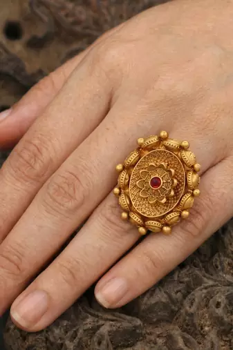 Royal design antique gold plated adjustable ring with ruby red stone