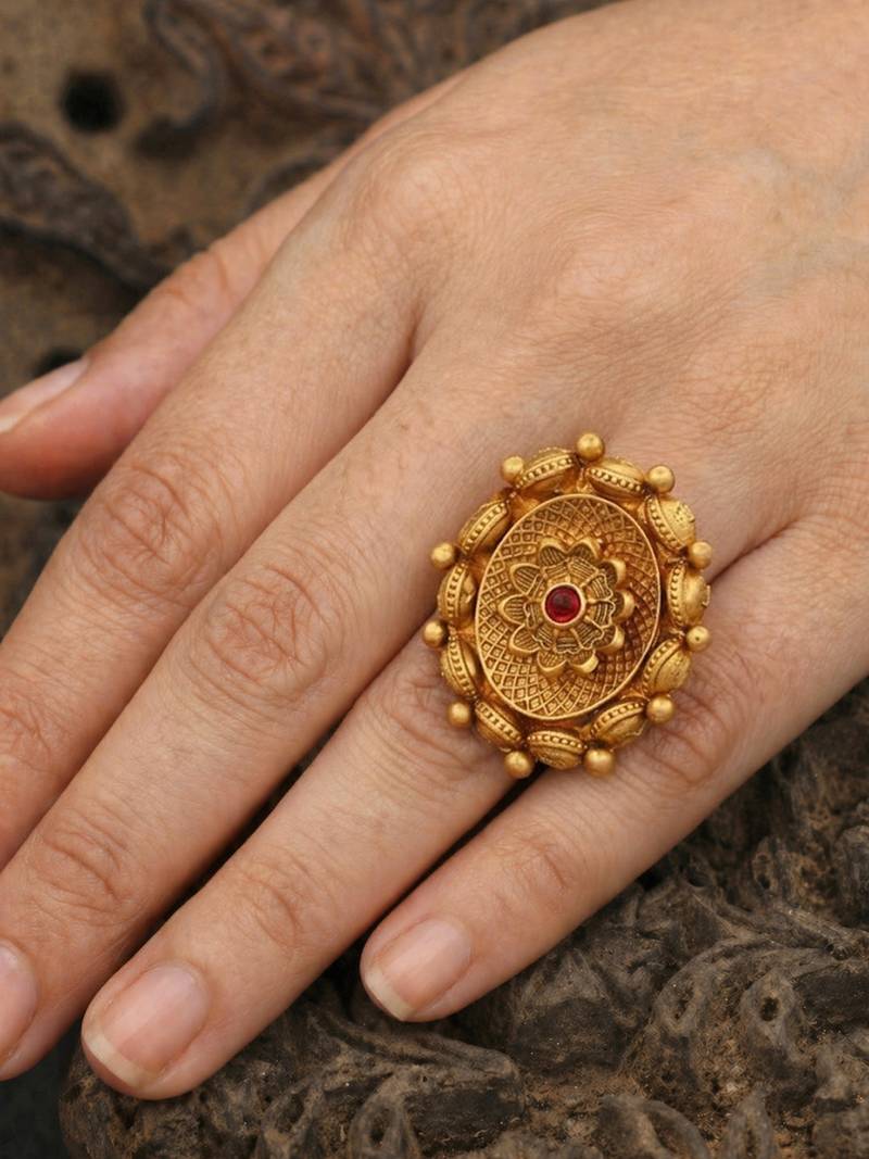 Royal design antique gold plated adjustable ring with ruby red stone