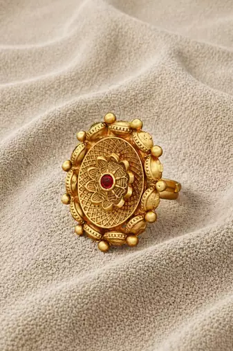 Royal design antique gold plated adjustable ring with ruby red stone