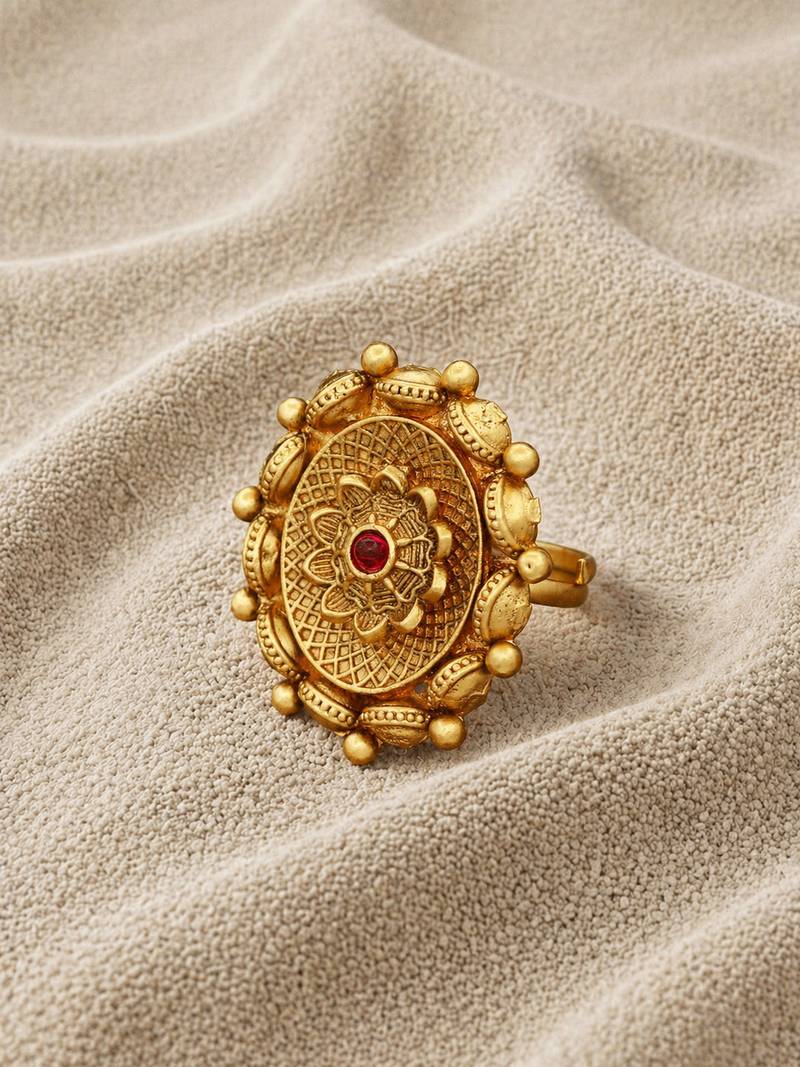 Royal design antique gold plated adjustable ring with ruby red stone