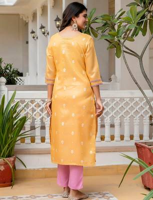 yellow fancy silk blend long kurti 4
