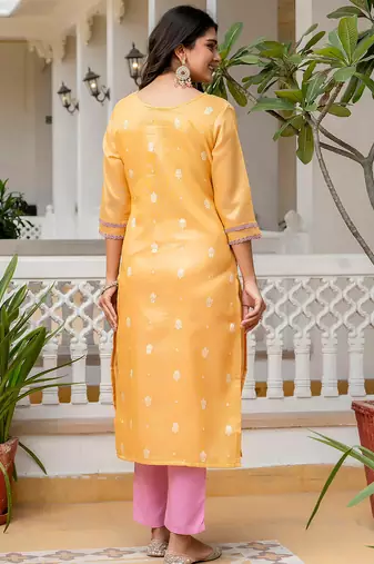 yellow fancy silk blend long kurti