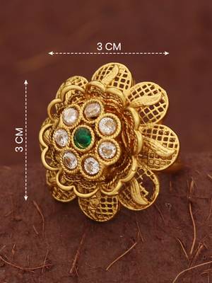 Antique floral kundan adjustable ring with green stone and white crystal accents 1