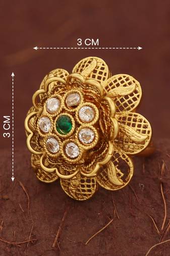 Antique floral kundan adjustable ring with green stone and white crystal accents