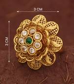 Antique floral kundan adjustable ring with green stone and white crystal accents