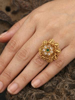 Antique floral kundan adjustable ring with green stone and white crystal accents 2