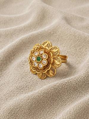 Antique floral kundan adjustable ring with green stone and white crystal accents 3