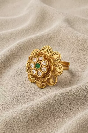 Antique floral kundan adjustable ring with green stone and white crystal accents