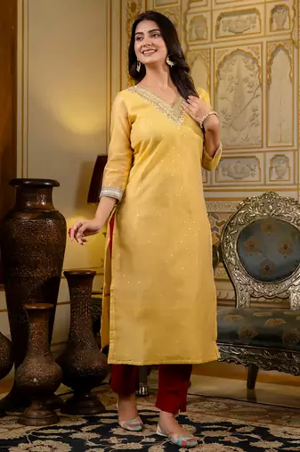 yellow fancy silk blend long kurti
