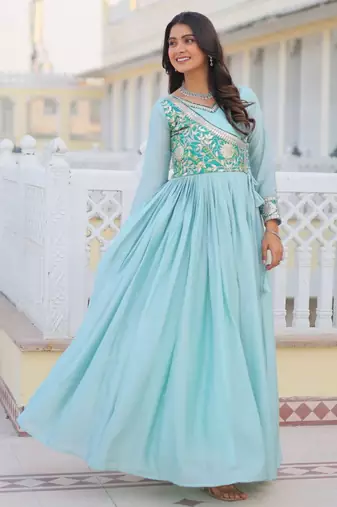 sky-blue fancy pure silk blend long kurti