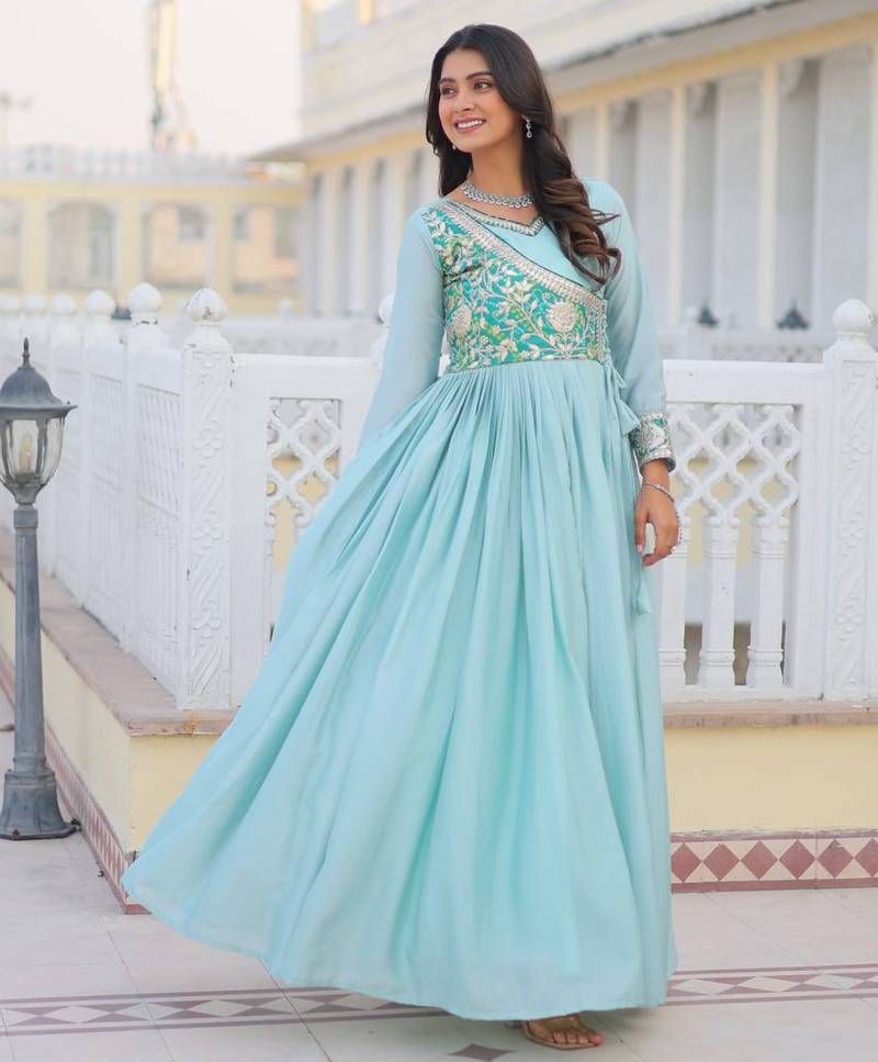 sky-blue fancy pure silk blend long kurti