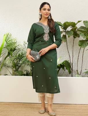 Green color silk blend embroidery long kurta 1