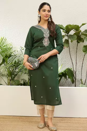 Green color silk blend embroidery work ethnic casual long kurta