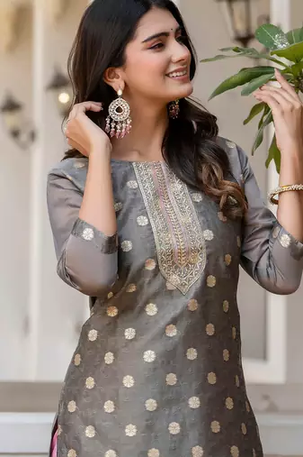 grey fancy silk blend kurta set