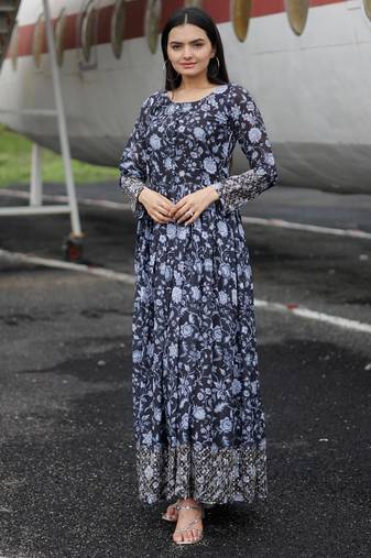 Embroidery zari sequance work with full flaired gown