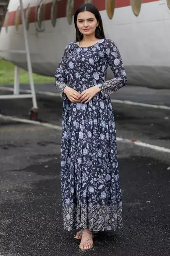 Embroidery zari sequance work with full flaired gown