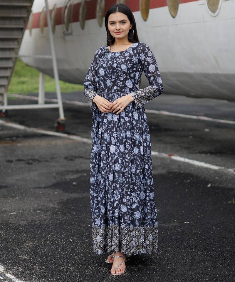 Embroidery zari sequance work with full flaired gown