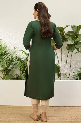 Green color silk blend embroidery long kurta