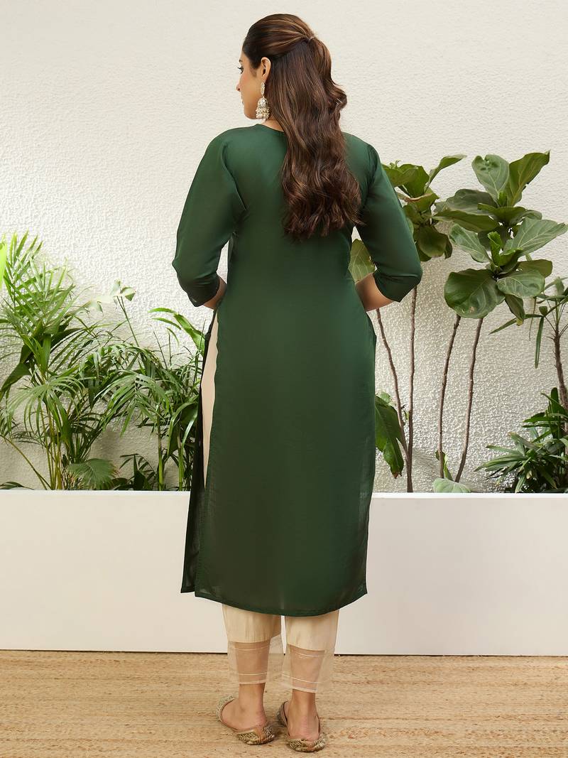 Green color silk blend embroidery long kurta