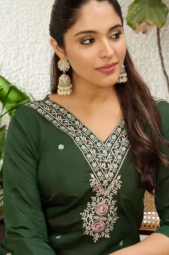 Green color silk blend embroidery long kurta