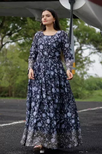 Embroidery zari sequance work with full flaired gown