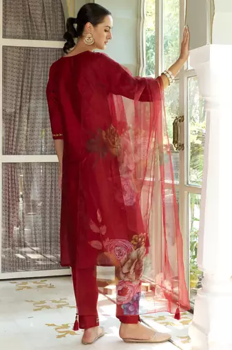 maroon fancy cotton silk kurta set