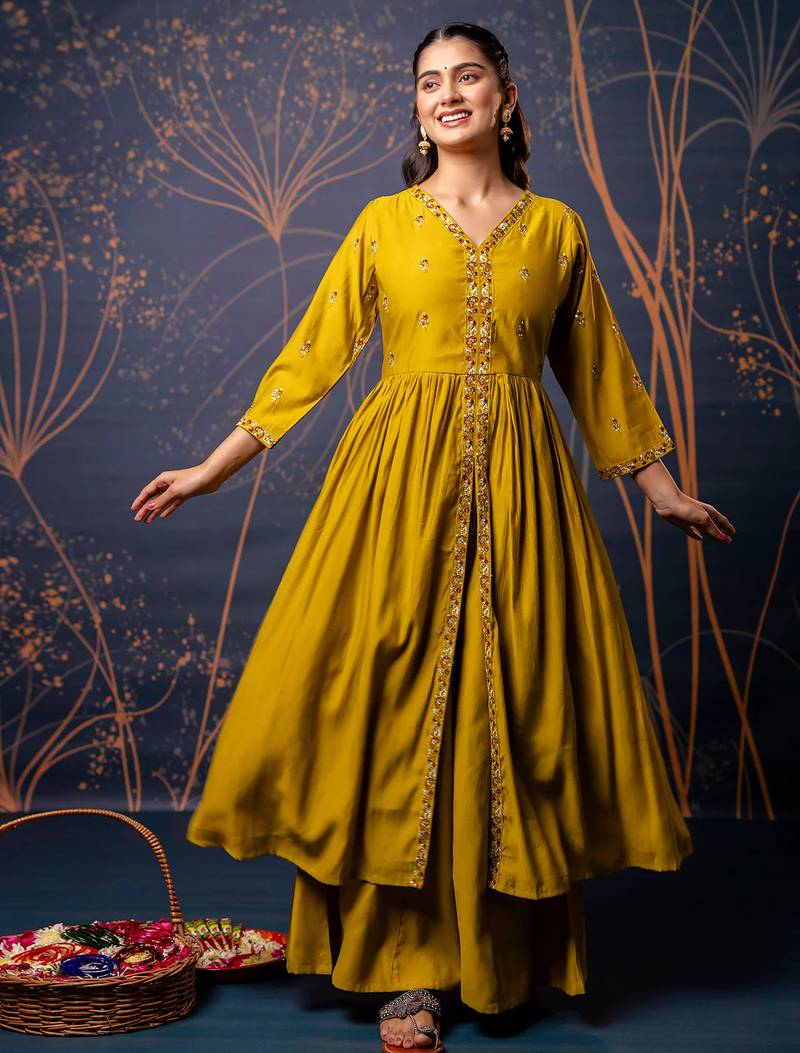 mustard fancy silk blend kurta set