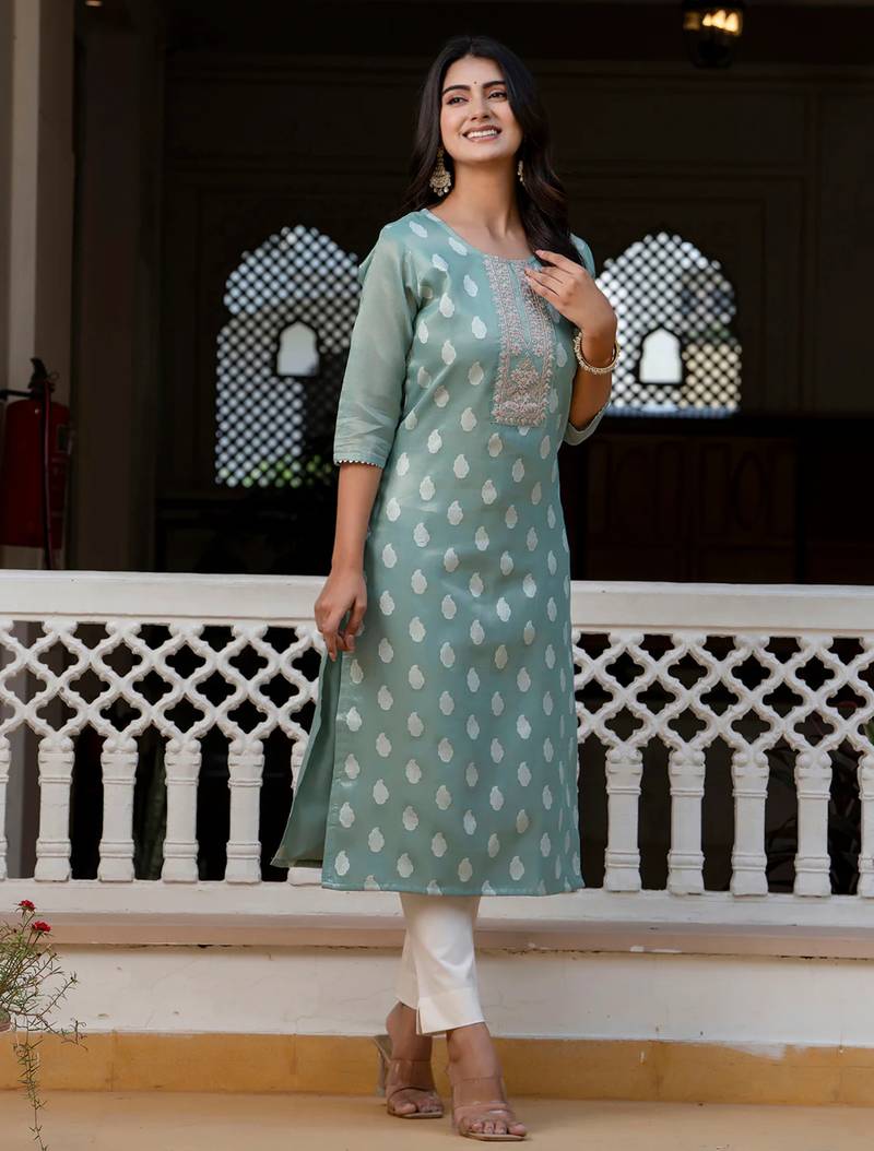sea-green fancy silk blend kurta set