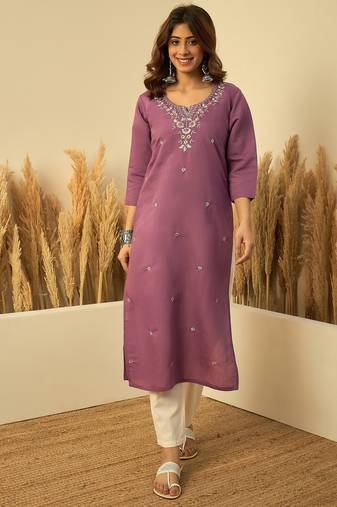 Lavender color silk blend embroidery long kurta