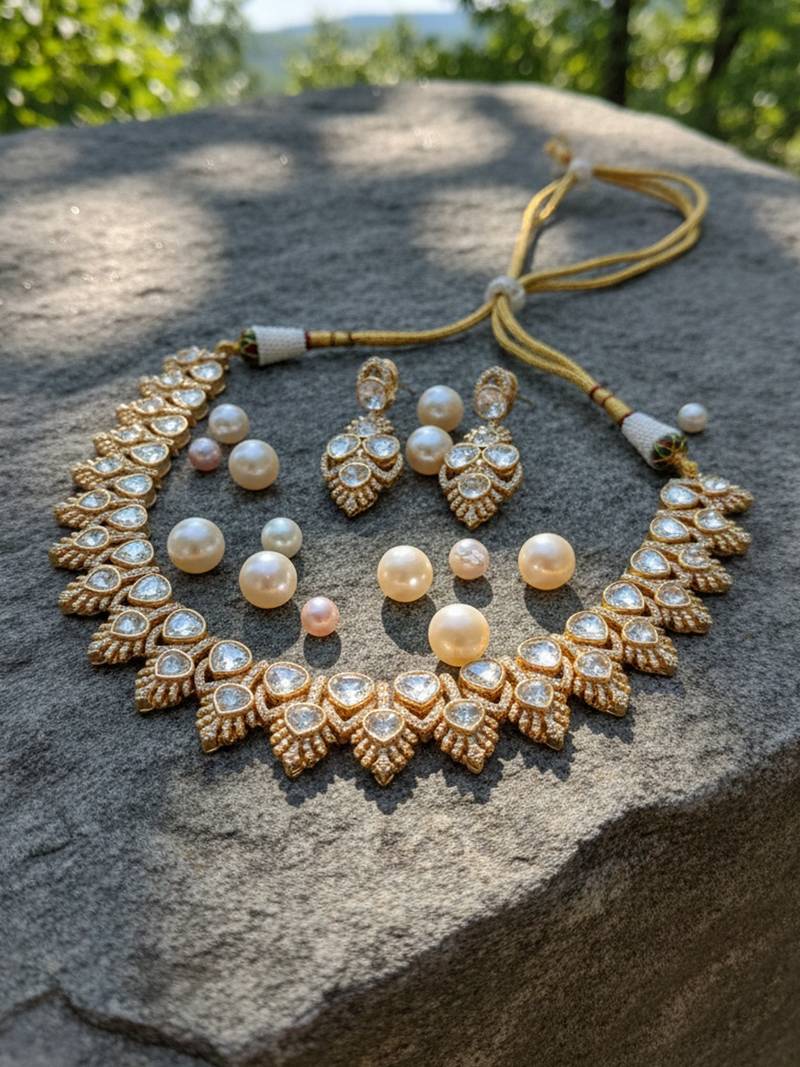 Royal gold plated kundan choker necklace set with earrings for women