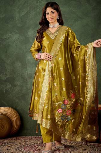 mustard fancy organza kurta set