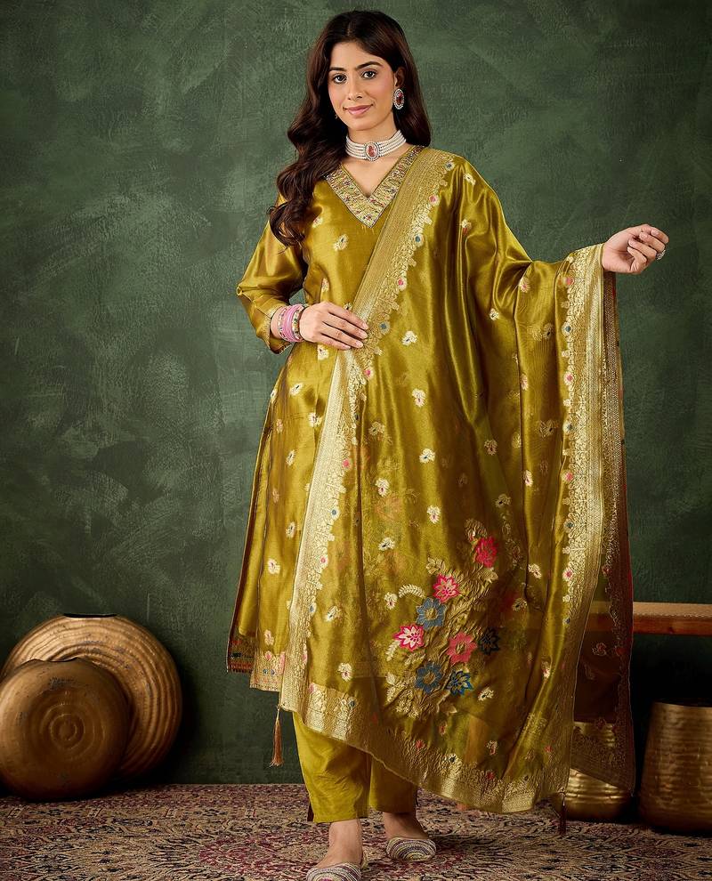 mustard fancy organza kurta set
