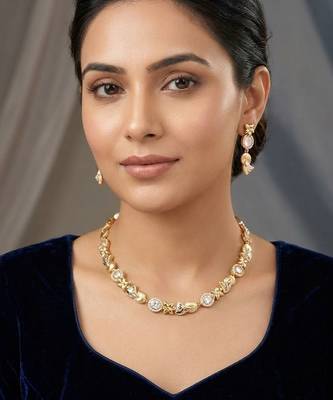 Elegant gold plated american diamond necklace set with earrings for women 2