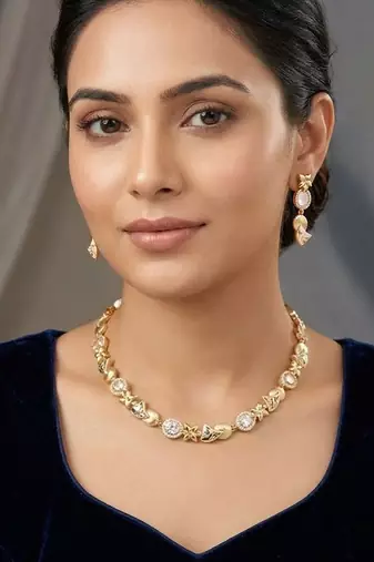 Elegant gold plated american diamond necklace set with earrings for women