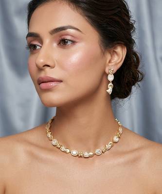 Elegant gold plated american diamond necklace set with earrings for women 3