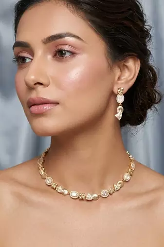 Elegant gold plated american diamond necklace set with earrings for women