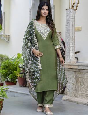 Green silk blend designer festive wear readymade suit 1