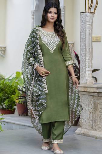 Green silk blend designer festive wear readymade suit