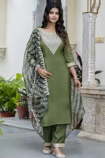 Green silk blend designer festive wear readymade suit