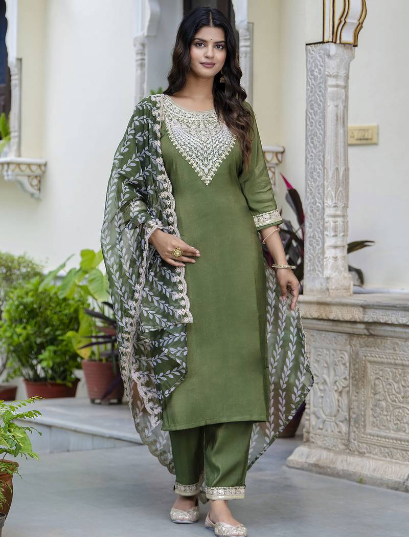 Green silk blend designer festive wear readymade suit