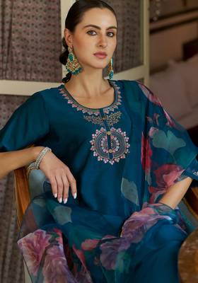 teal fancy cotton silk kurta set 4