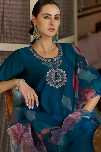 teal fancy cotton silk kurta set