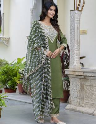 Green silk blend designer festive wear readymade suit 2