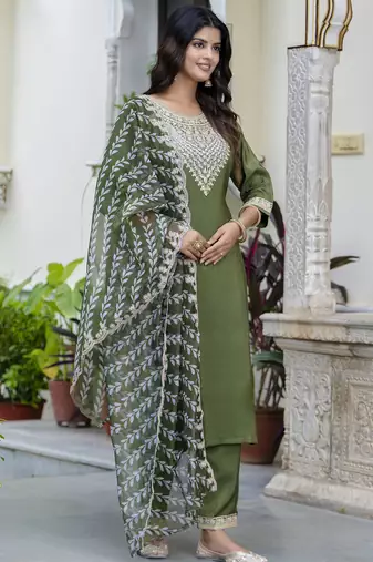 Green silk blend designer festive wear readymade suit