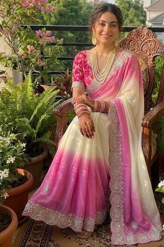 Magenta Color  embroidery sequence work georgette Saree
