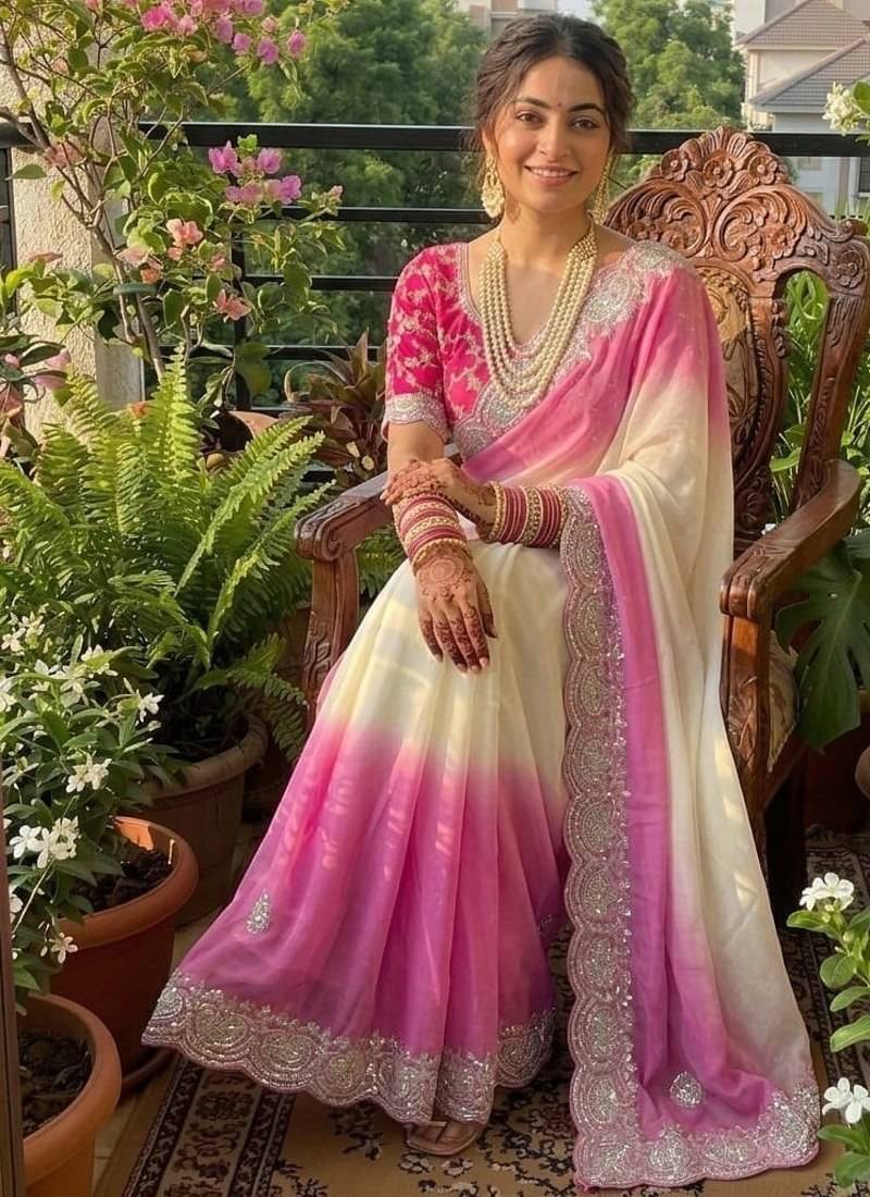 Magenta Color  embroidery sequence work georgette Saree