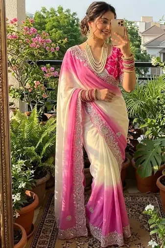 Magenta Color  embroidery sequence work georgette Saree